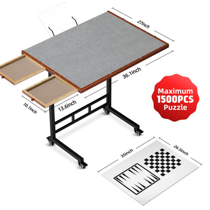 Puzzle Table with Drawers, 1500 Piece Jigsaw Puzzle Board with Wood Cover and Shelf, Tiltable and 14 Level Height Adjustable, Foldable Puzzle Table with Wheels for Adults Puzzle Enthusiasts - WoodArtSupply