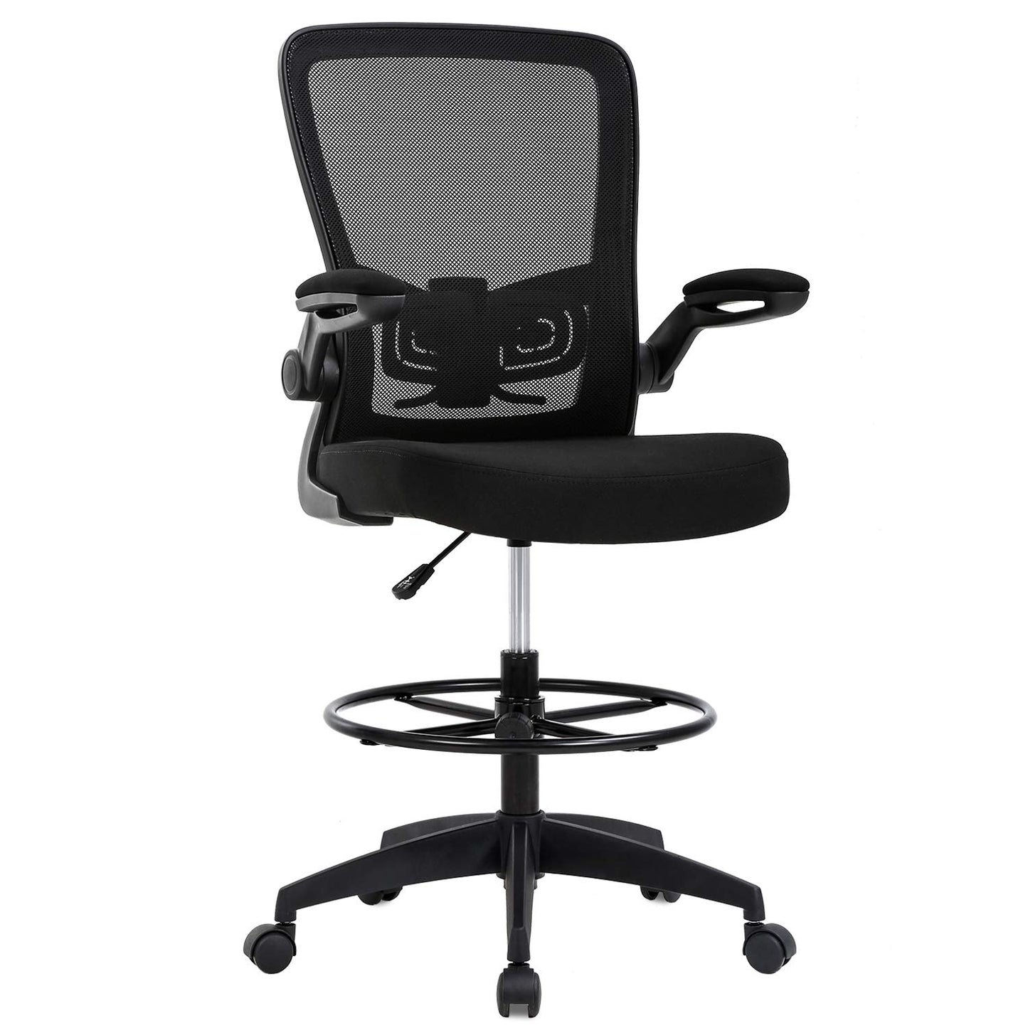 Drafting Chair Tall Office Chair Adjustable Height with Lumbar Support Flip Up Arms Footrest Mid Back Task Mesh Desk Chair Computer Chair Drafting Stool for Standing Desk, Black