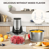 Syvio Food Processors with 2 Bowls, Meat Grinder 4 Bi-Level Blades, Mini Electric Food Chopper 450W, for Baby Food, Meat, Onion, Vegetables, 2 Speed, 8 Cup and 8 Cup syvio