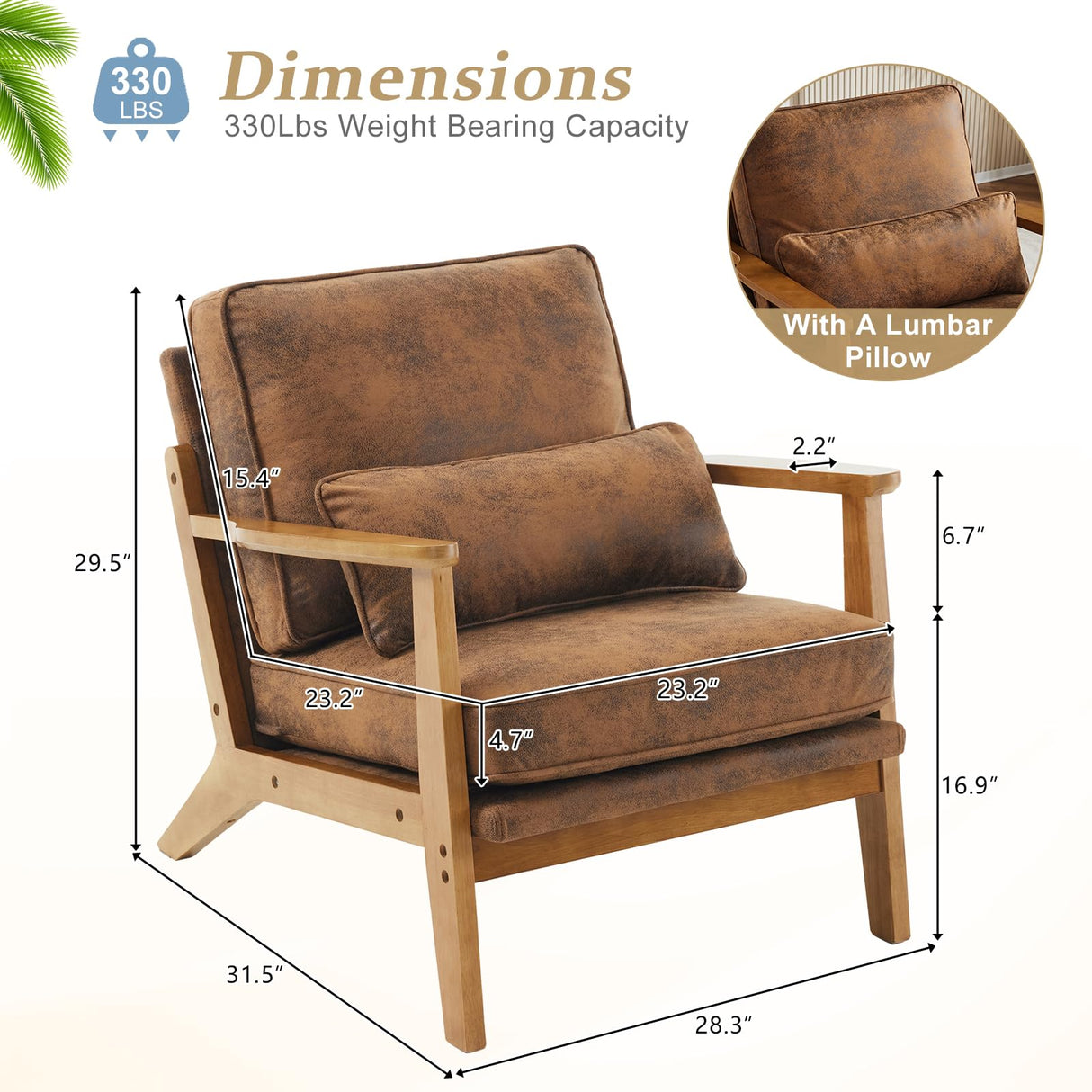 VINGLI Solid Wood Wide Armrests Accent Chair,Upholstered Mid Century Modern Chair with Pillow,Comfy Reading Chair Farmhouse Arm Chair,Chairs Living Room,Bedroom,Guest Room,Suede,Rustic VINGLI