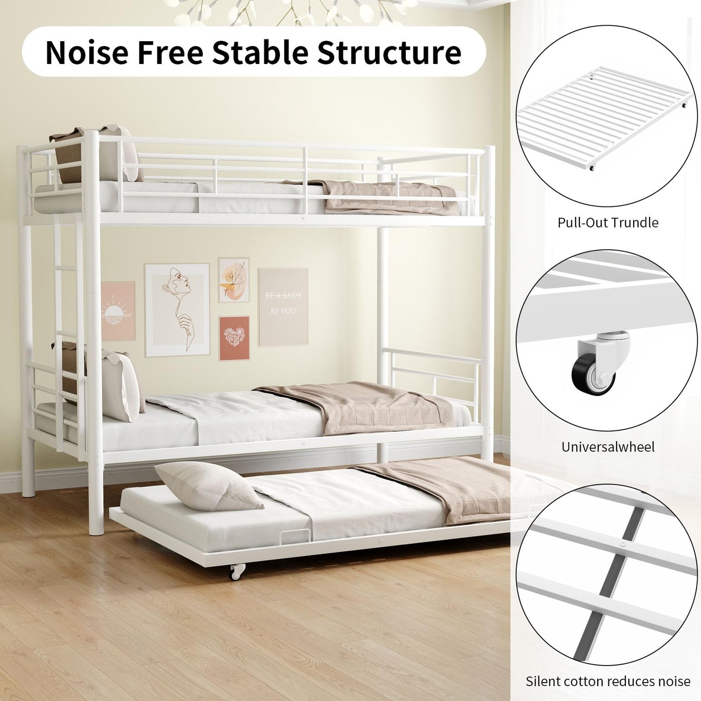 Suheww Twin Over Twin Metal Bunk Bed with Trundle, Heavy-Duty Steel Beds Frame with Side Ladder, Convertible Bunkbed Safety Guardrails,No Box Spring Needed (White)