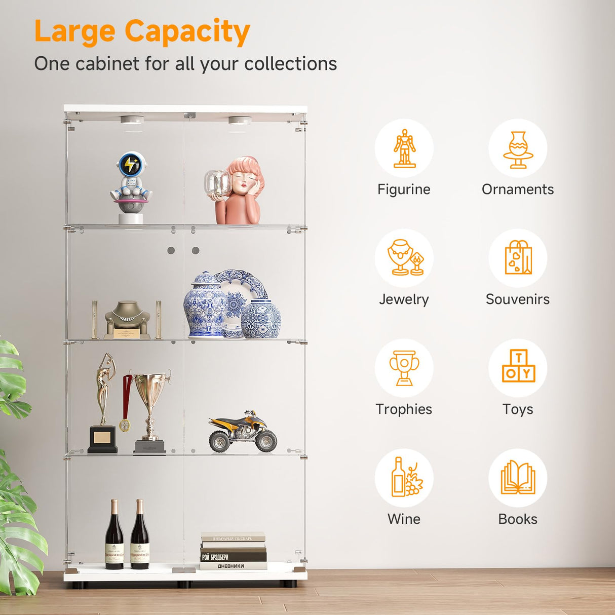 Zevemomo Tempered Glass Display Cabinet with Lights, 4-Tier Curio Cabinet with Glass Doors and Lock, Glass Display Case for Collectibles, for Living Room, Bedroom, Office, White, Double Door Zevemomo