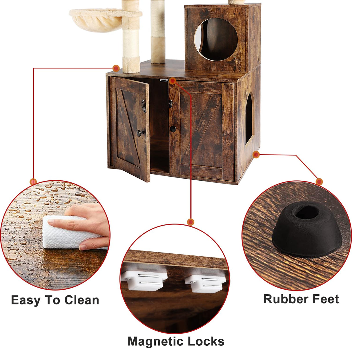 Timberer Cat Tree Tower with Litter Box Enclosure, 2-in-1 Wooden Cat Condo with Sisal Scratching Post, Hammock, Brown Timberer