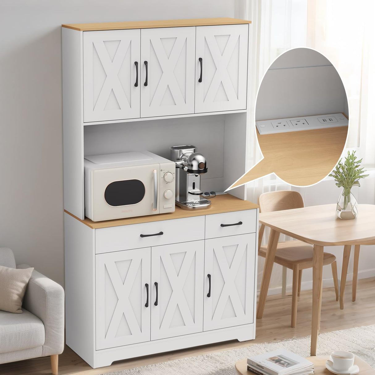 Huisenitre 70 inch Kitchen Pantry Cabinet with Ports, Pantry Cabinet with Microwave Rack, Farmhouse Style Kitchen Pantry with Storage Drawers, Suitable for Living Room, Dining Room, etc (White) Huisenitre