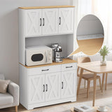 Huisenitre 70 inch Kitchen Pantry Cabinet with Ports, Pantry Cabinet with Microwave Rack, Farmhouse Style Kitchen Pantry with Storage Drawers, Suitable for Living Room, Dining Room, etc (White) Huisenitre