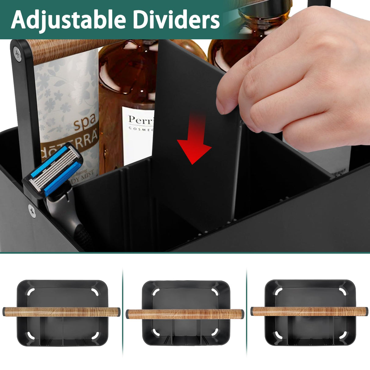 BYUNER Portable Shower Caddy Dorm: Bathroom Caddy Organizer with Handle and Adjustable Dividers,Plastic Shower Basket for Toiletry,Makeup,Vanity,Shower Storage Tote for College, Cleaning Caddy, Black BYUNER