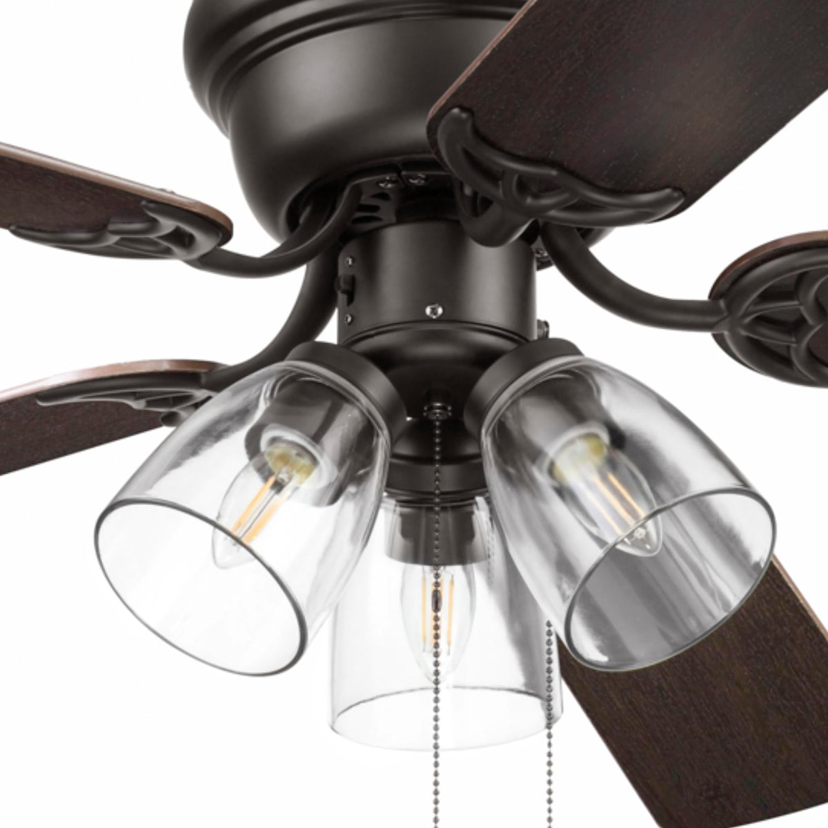 Portage Bay Ceiling Fans 52" Renton Bronze Indoor Fan with Clear 3 Light LED Multi Arm; E26/B11 Bulb and Pull-Chains, Traditional Style, 5 Reversible Barnwood/Dark Chestnut Blades, 51439 Portage Bay