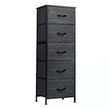 WLIVE Fabric Dresser, 5-Drawer Tall Dressers for Bedroom, Storage Dresser Organizer with Wood Top, Sturdy Steel Frame, Chest of Drawers for Closet, Hallway, Charcoal Black Wood Grain Print WLIVE