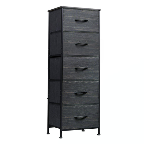 WLIVE Fabric Dresser, 5-Drawer Tall Dressers for Bedroom, Storage Dresser Organizer with Wood Top, Sturdy Steel Frame, Chest of Drawers for Closet, Hallway, Charcoal Black Wood Grain Print WLIVE