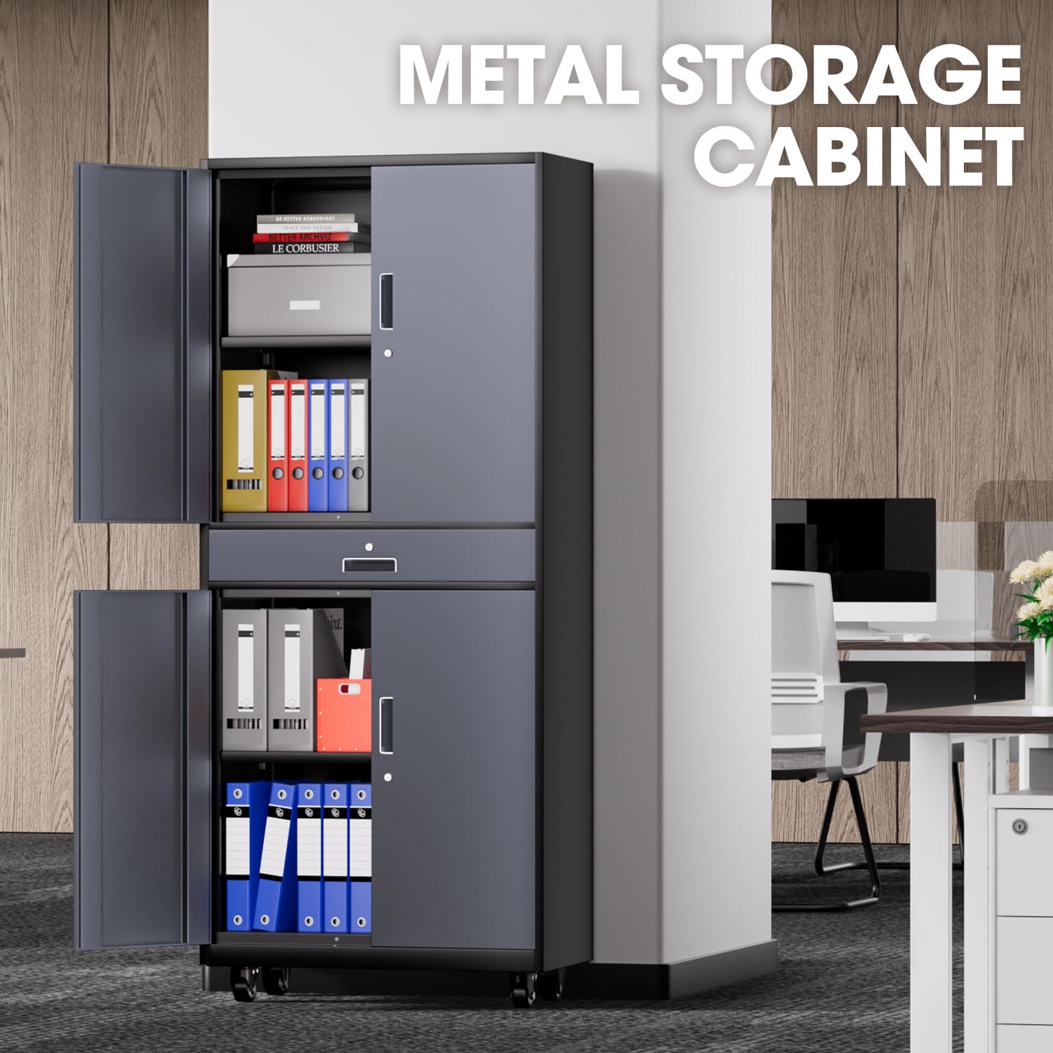 DNA MOTORING Metal Storage Cabinet, 73'' Rolling Garage Cabinet with 1 Drawer and Adjustable Shelves, Lockable Cabinet Heavy Duty Utility Cabinet for Garage,Office,Home,Gray Black, TOOLS-0063 - WoodArtSupply