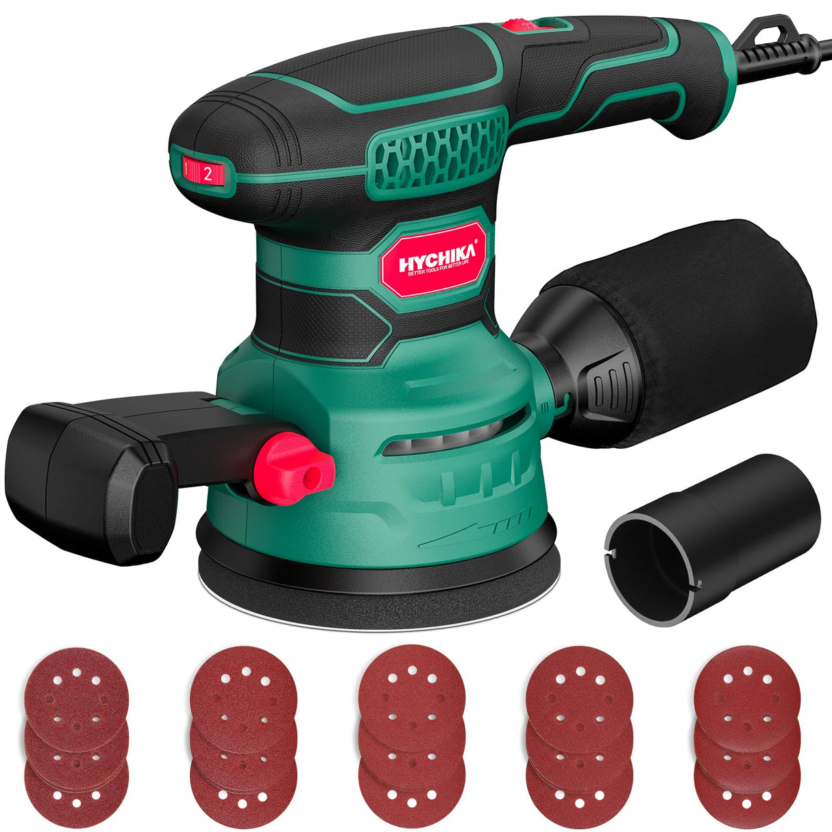 Orbital Sander 3.8Amp 450W, HYCHIKA 6 Variable Speeds Double Handle Palm Random Orbit Sander, 5-Inch Electric Sander with 20pcs Sandpapers, Dust Collector, Power Sander for Woodworking HYCHIKA BETTER TOOLS FOR BETTER LIFE
