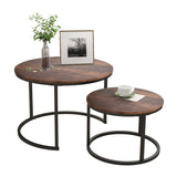HOJINLINERO Industrial Round Coffee Table Set of 2 End Table for Living Room,Stacking Side Tables, Sturdy and Easy Assembly,Wood Look Accent Furniture with Metal Frame,Black+Rustic Brown HOJINLINERO