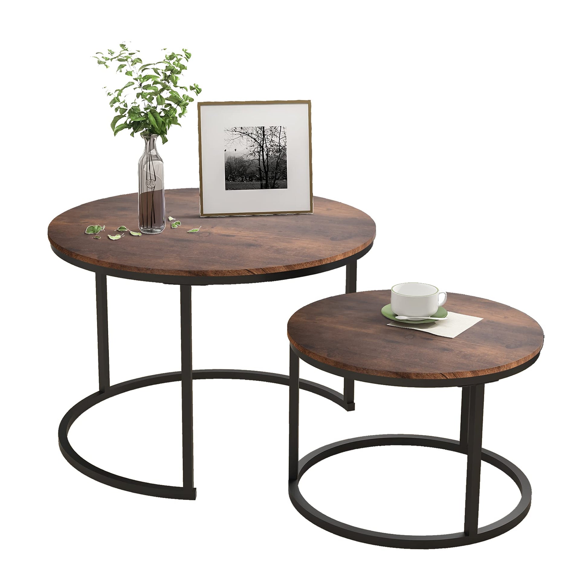 HOJINLINERO Industrial Round Coffee Table Set of 2 End Table for Living Room,Stacking Side Tables, Sturdy and Easy Assembly,Wood Look Accent Furniture with Metal Frame,Black+Rustic Brown - WoodArtSupply