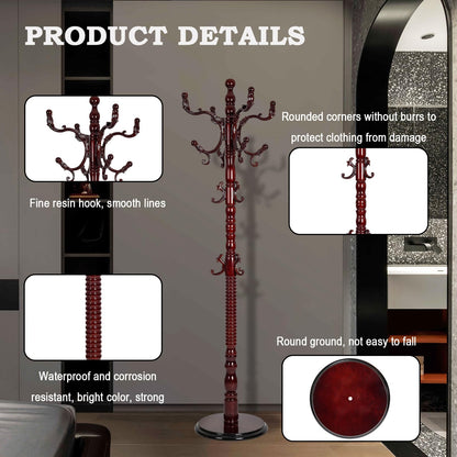 Coat Racks Free Standing with 14 Hooks, Natural Wood Coat Rack with Solid Round Base, Adjustable Height Coat Racks, Easy Assembly for Hallway, Bedroom and Office (Reddish brown)