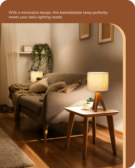 EDISHINE Tripod Table Lamp, Small Cute Bedside Lamp with Linen Beige Lampshade, Nightstand Lamp for Nursery, Bedroom, Kid Room, Living Room, Light Brown Wooden Base, E26 Socket, 14.2 Inch EDISHINE