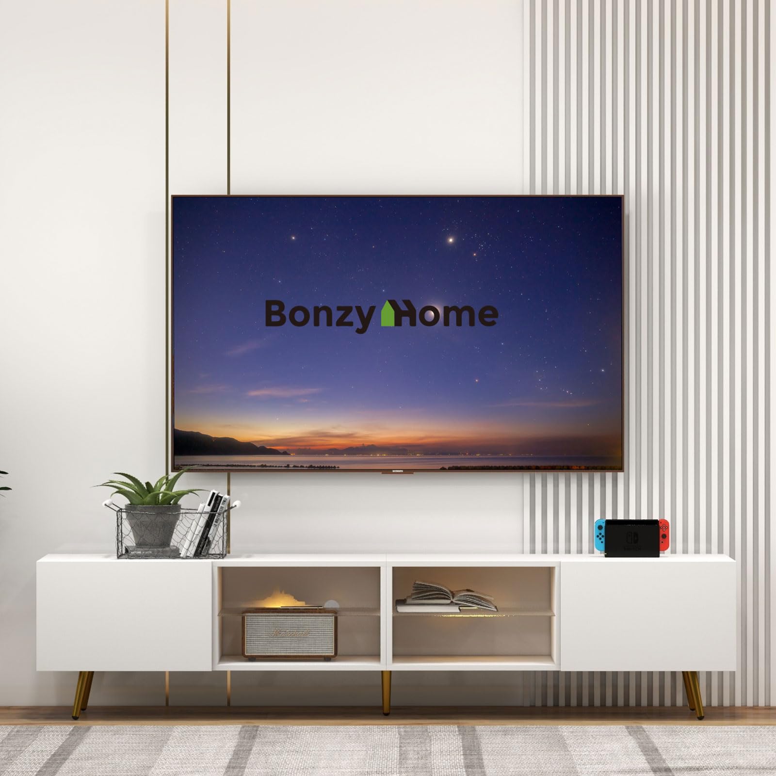 Bonzy Home 86" LED TV Stand, Modern Entertainment Center up to 90" TV, Television Console Table with Storage Cabinets for Living Room, White - WoodArtSupply