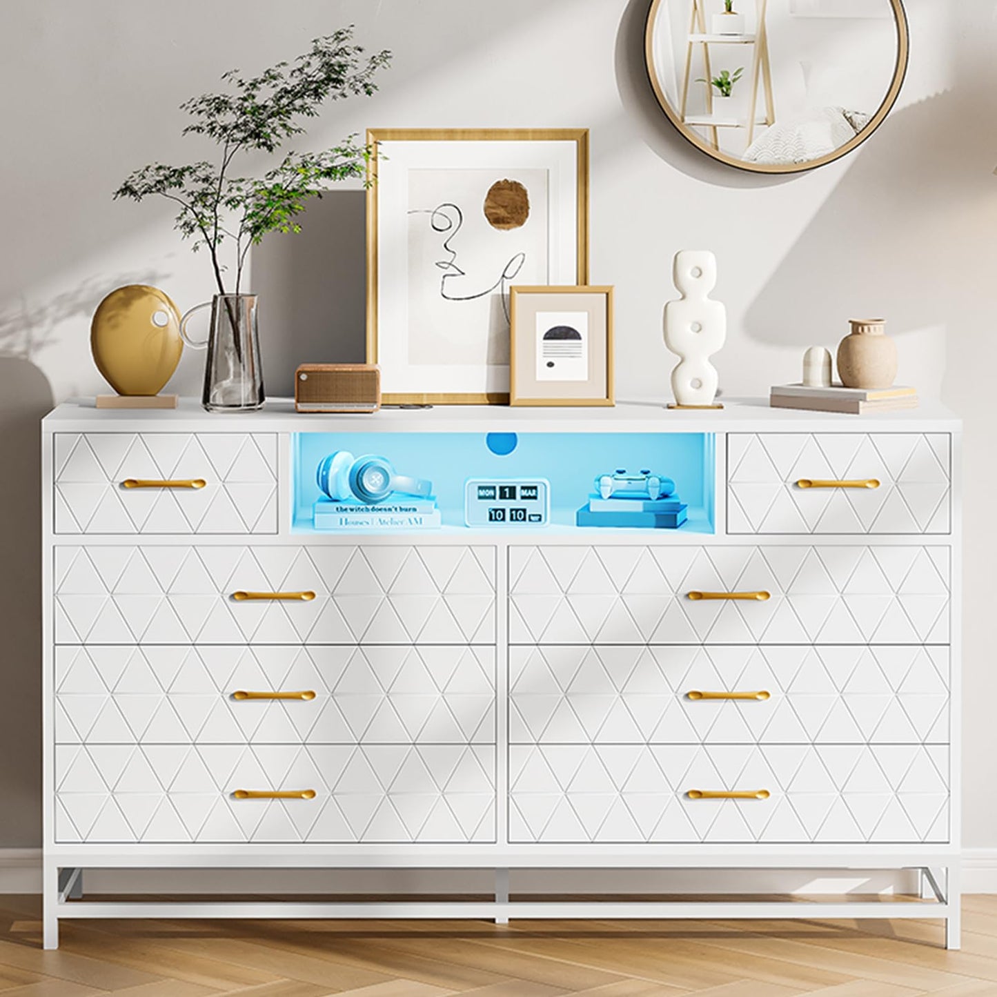 Patikuin White Dresser for Bedroom, 8 Drawer Dresser with Power Outlet, 55" Tv Stand Large Dresser Wooden with Led Light, Modern Dressers with Deep Drawers, Big Wide Chest of Drawers Storage Dresser