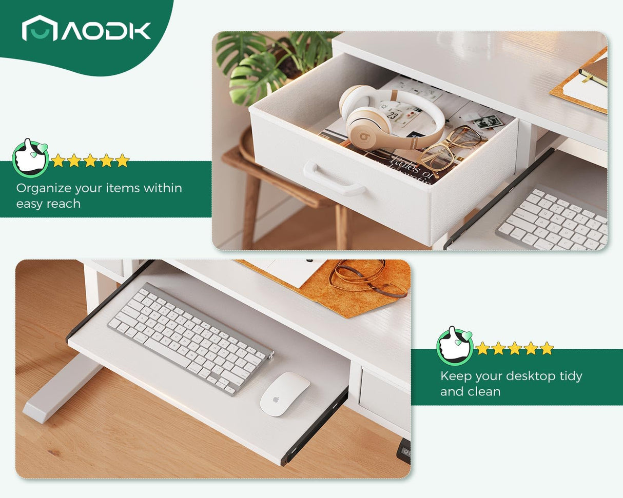 AODK White Standing Desk with 2 Drawers & Keyboard Tray and USB & LED Lights, Height Adjustable Desk 47 Inch with Power Outlets & LED Lights, Stand Up Desk with Monitor Shelf AODK