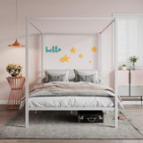 Queen Size Metal Canopy Bed Frame by SHA CERLIN - Sturdy, No Box Spring Needed, Easy Assembly, Customisable Design in White SHA CERLIN