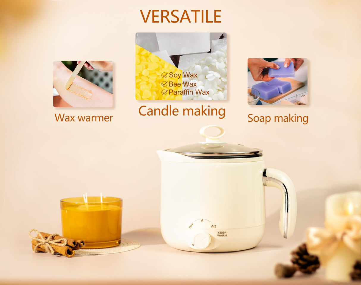 Aroparc Wax Melter for Candle Making Large 1.8L/60oz Electric Wax Melting Pot with Pouring Spout, Non-Stick Easy to Clean & Keep Warm - Wicks, Wick Stickers, Centering Tools, Spoon Aroparc