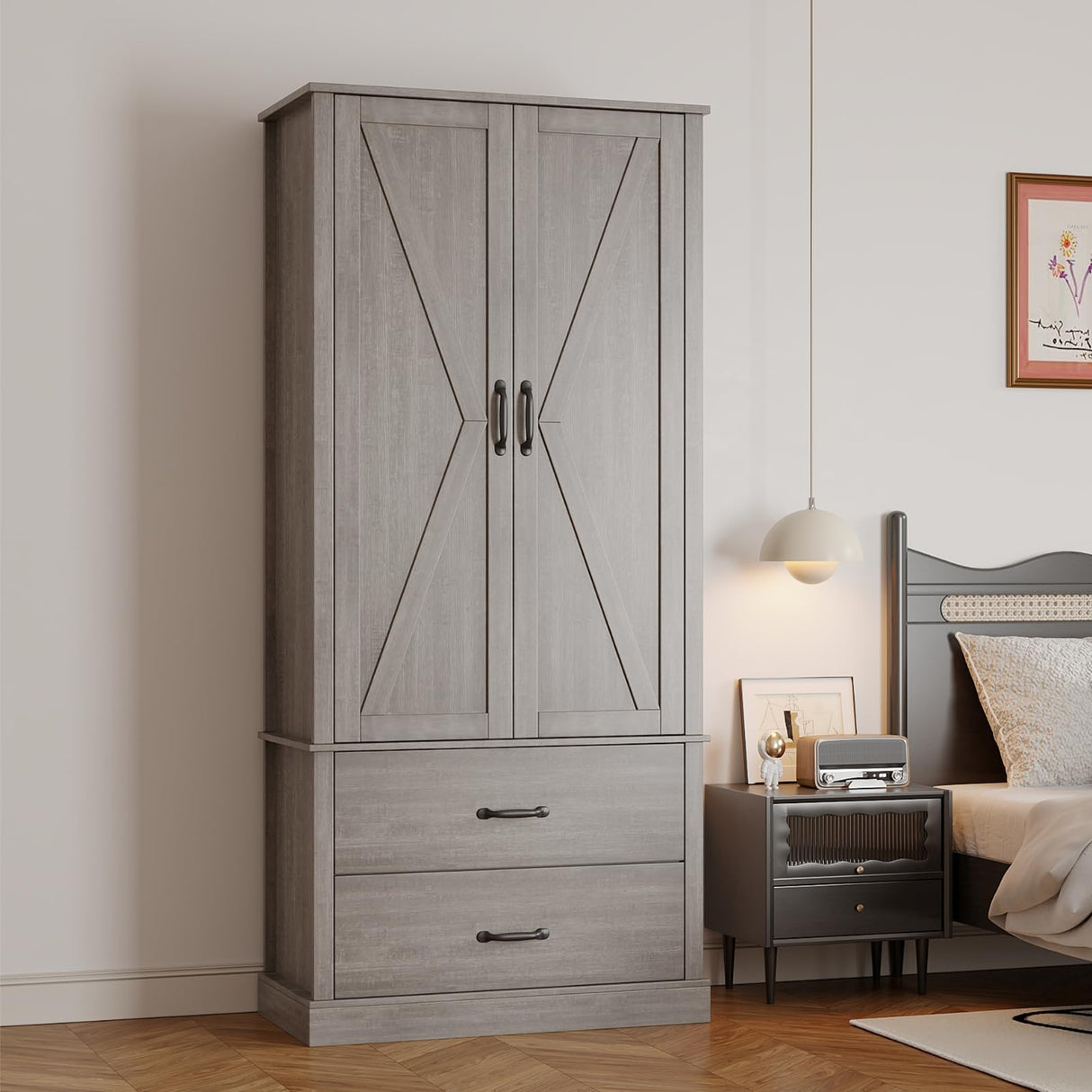 FinerFurnis Kitchen Pantry Storage Cabinet, 65" Tall Food Pantry Cabinet with 3 Storage Shelves and 2 Large Drawers, Farmhouse Kitchen Cupboard for Living Room, Dining Room, Grey FinerFurnis