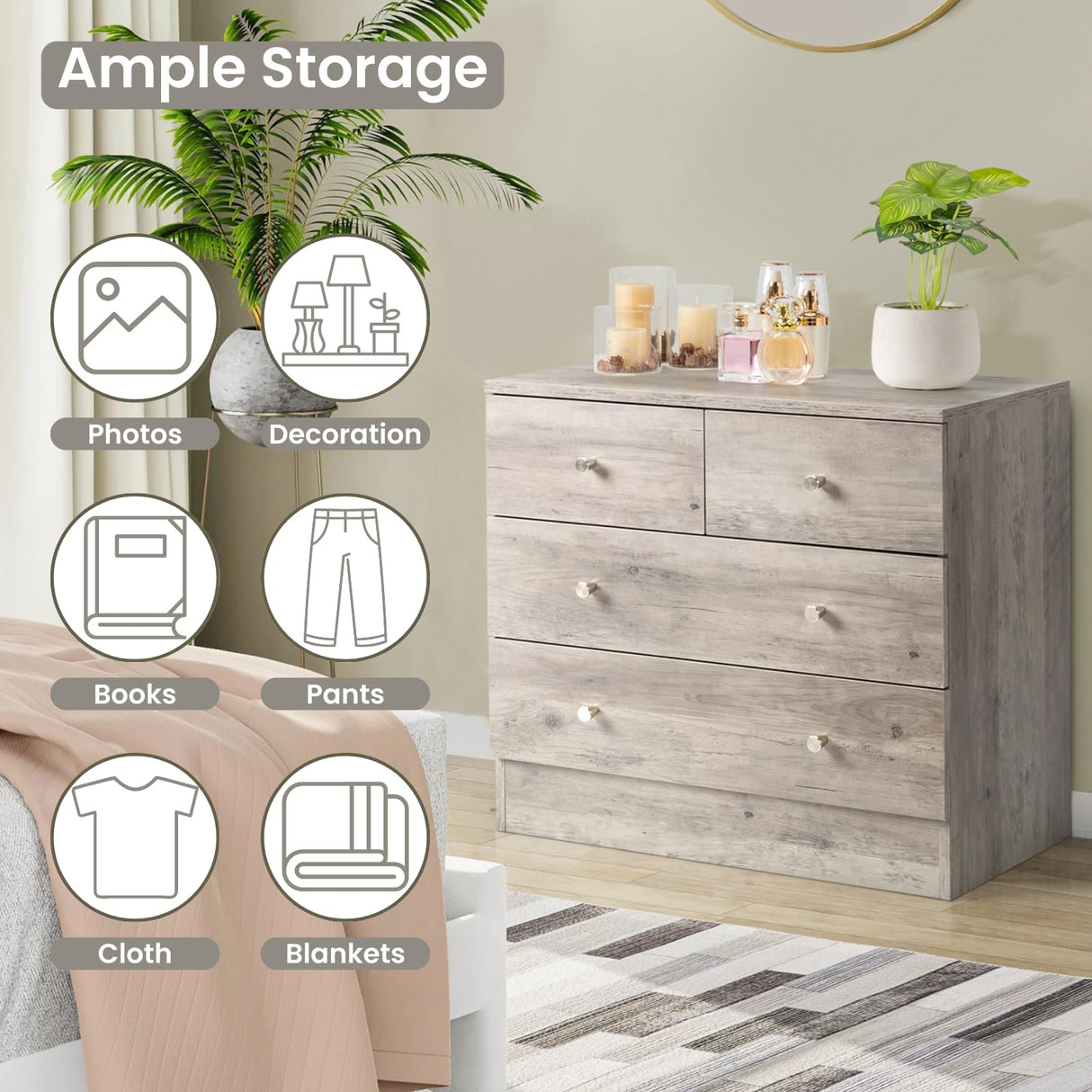 Karl home Grey 4 Drawer Dresser for Bedroom, Modern Wood Dresser Chest of Drawers, Rustic Bedroom Dressers Nightstand, Anti-Tipping Device, Rose Gold Metal Handle, Living Room, Hallway, Office Karl home
