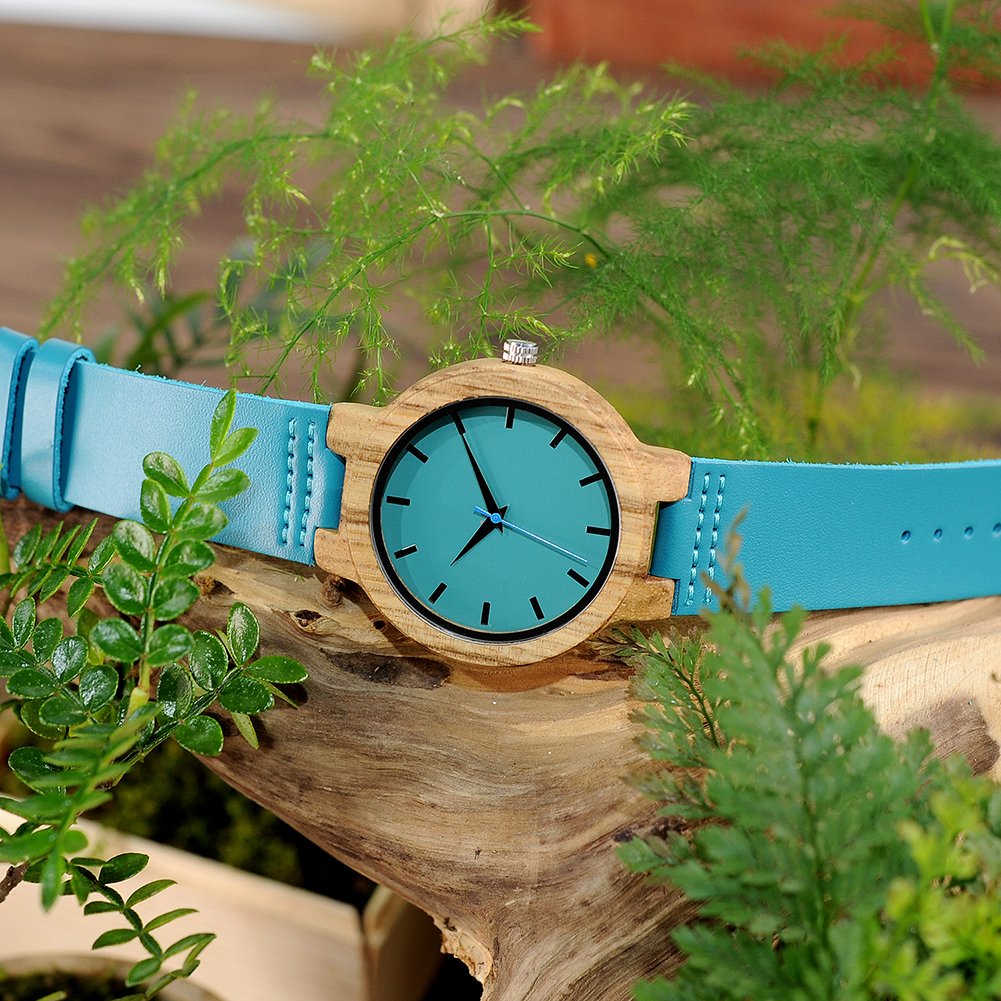 BOBO BIRD Men's Bamboo Wooden Watch with Blue Cowhide Leather Strap Casual Watches for Groomsmen Gift with Box BOBO BIRD