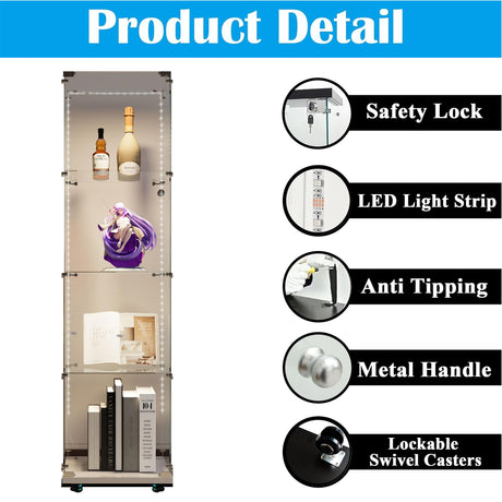 nifoti 65" H 4-Shelf LED Lights Strip Glass Display Cabinet with Lock & Casters, Modern Glass Top Curio Storage Cabinet Collection Display Case, Tempered Glass Bookshelf Case for Living Room(White) nifoti
