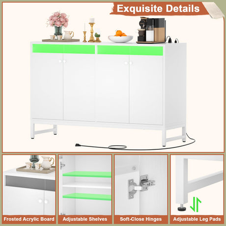 Aheaplus Sideboard Buffet Cabinet with Power Outlet, Kitchen Storage Cabinet with LED Light & Doors, Accent Cabinet Cupboard Buffet Table with Storage for Dining Room, Living Room, Hallway, White Aheaplus