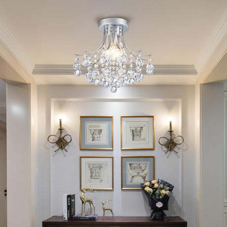 Bestier Modern Silver Crystal Semi-Flush Mount Chandelier Lighting Ceiling Light Fixture Lamp for Diningroom Bathroom Bedroom Livingroom 3 E12 Bulbs Required D13.5 inch X H11.6 inch Bestier