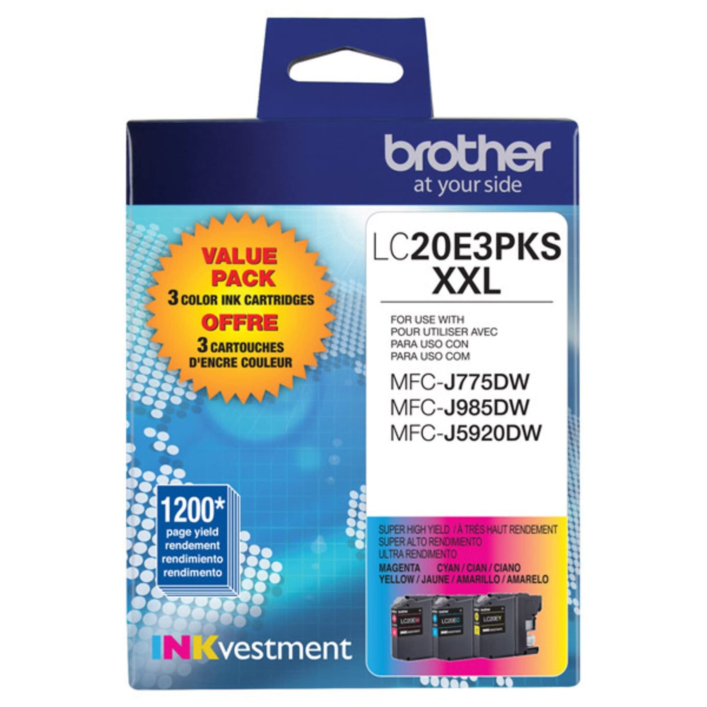 Brother Genuine High Yield Color Ink Cartridge, 3 Pack of LC20E, Replacement Color Ink Three Pack, Includes 1 Cartridge Each of Cyan, Magenta & Yellow, Page Yield Up to 1200 Pages/Cartridge, LC20E