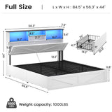 AOGLLATI Farmhouse Bed Frame Full Size with 4 Storage Drawers and Charging Station, Wooden Full Size Bed Frame with Hidden Space Bookcase Headboard and Led Lights & Metal Slats, White AOGLLATI