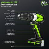 Greenworks 24V Brushless 1/2" Hammer Drill (530 in-lbs.) 2.0Ah Battery and Charger Included, DDG402 Greenworks