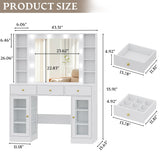 Wodeer Makeup Vanity Desk with Mirror and Lights, White Vanity with Glass Top, LED Lights & Power Outlet, 3 Drawers & 2 RGB Glass Cabinets, Adjustable Lighted Dressing Table for Women & Girls Bedroom Wodeer