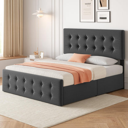 IDEALHOUSE Grey Upholstered Full Size Bed Frame with Adjustable Headboard and 4 Storage Drawers - WoodArtSupply