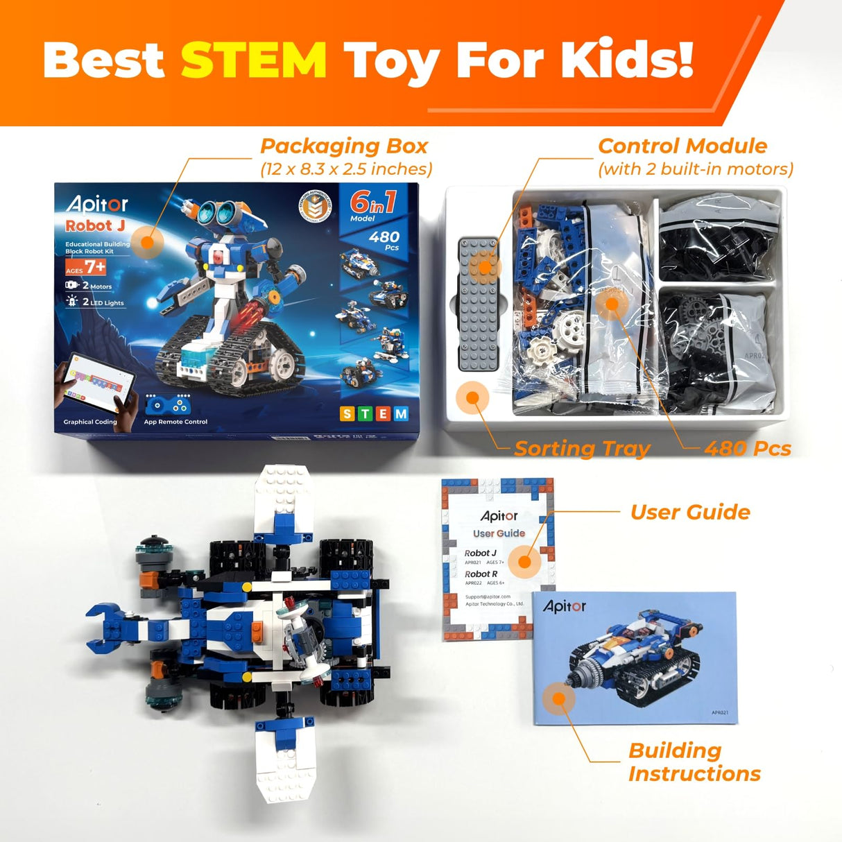 STEM Robot Toy 6-in-1 Robot Building Kit for Boys Age 8-12, APP Remote Control STEM Coding Toys, Educational Robotics Gifts for Boys Girls Kids Ages 7 8 9 10 11 12 (480 Pieces) Apitor