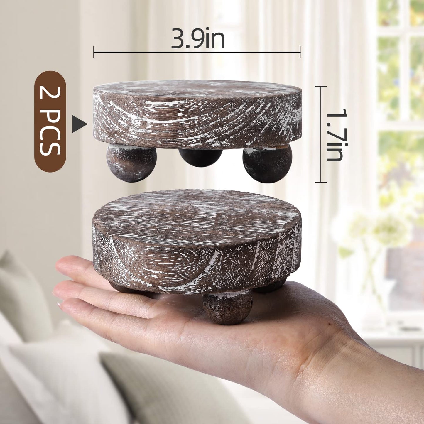 Ziluce Mini Wood Riser for Tiered Tray Decor, 2-Pack Small Wooden Risers for Display, 4-Inch Round Pedestal Stand, Distressed Farmhouse Risers for Home Decor - Brown