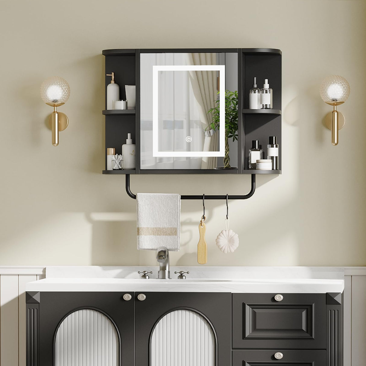 Bathroom Wall Cabinet with Mirror, Mirrored Medicine Cabinet with 3 Colors LED Light and 4 Open Shelves, Wall Mounted Over Toilet Storage Cabinets with Adjustable Shelf, 21.7"L x 6.7"W x 18.1"H, Black MAHANCRIS