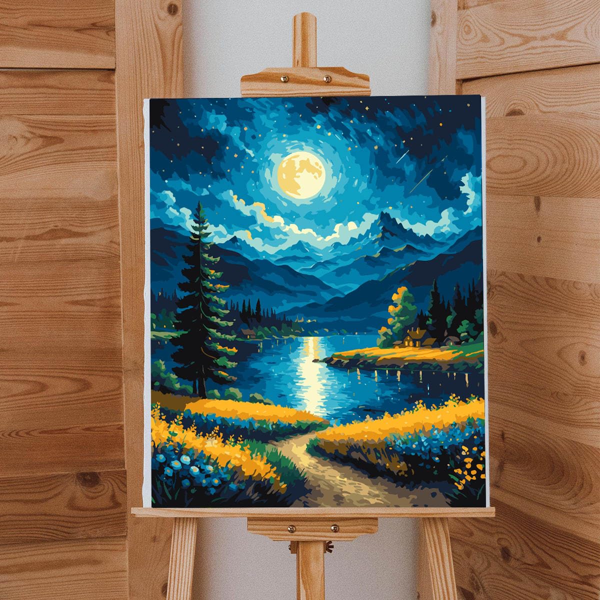 Moon Paint by Numbers Kit for Adults Beginner Forest Adult Paint by Number Kits On Canvas Adults Kits DIY Lake Flowers Oil Painting Kits for Gift Home Wall Decor 16x20 Inch Lovepefe