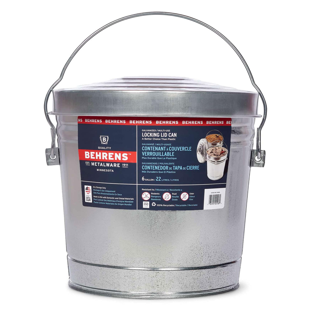 Behrens Galvanized Steel Storage Can or Waste Bin w/ Locking Lid & Handle, 6 Gal. Behrens