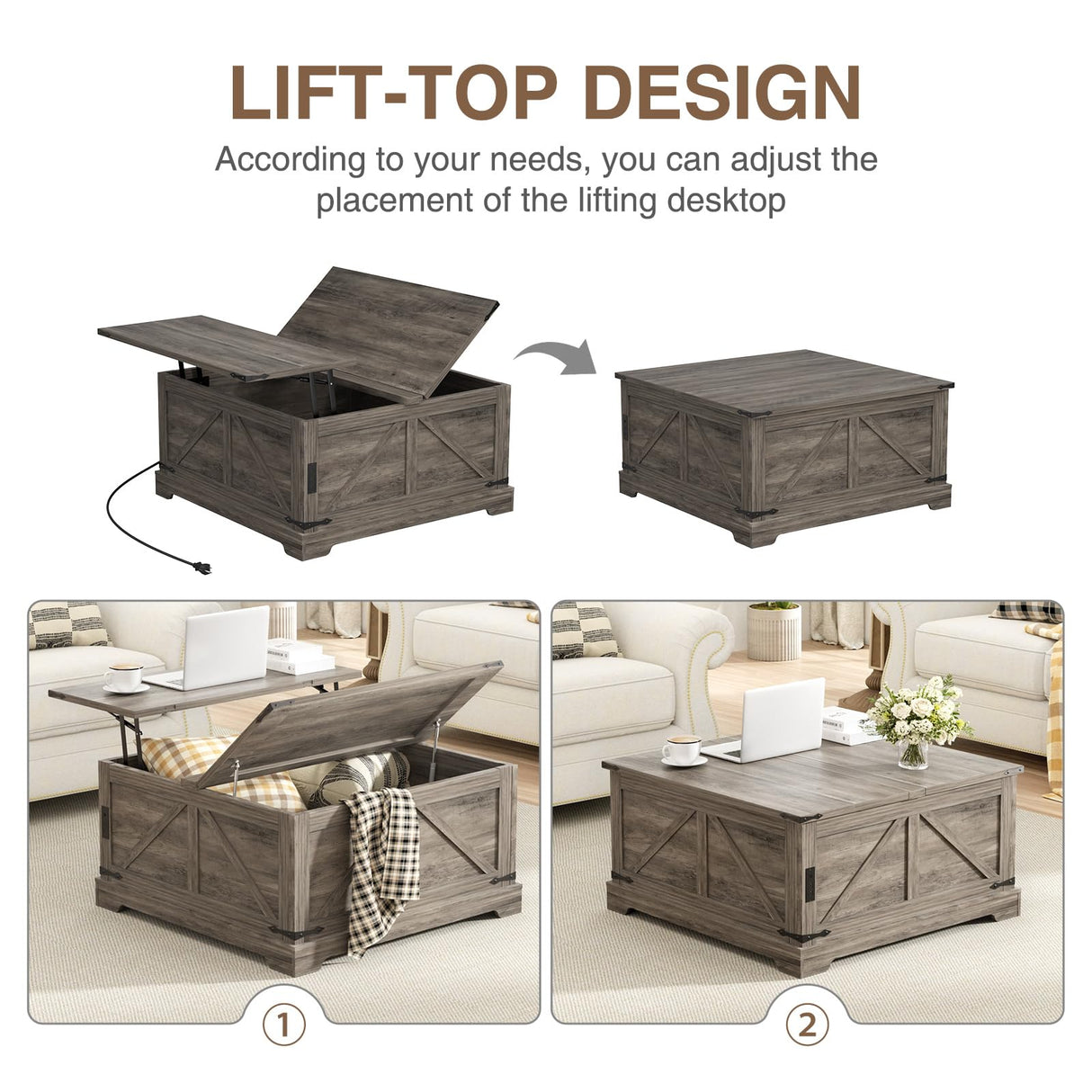FiveWillowise Coffee Table with Storage, 31.5" W Farmhouse Lift Top Wood Square Center Table with Charging Station, Rustic Cocktail Tables with Flip Top Lids for Living Room, Home Office, Grey FiveWillowise