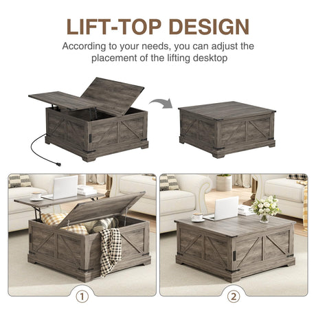 FiveWillowise Coffee Table with Storage, 31.5" W Farmhouse Lift Top Wood Square Center Table with Charging Station, Rustic Cocktail Tables with Flip Top Lids for Living Room, Home Office, Grey FiveWillowise
