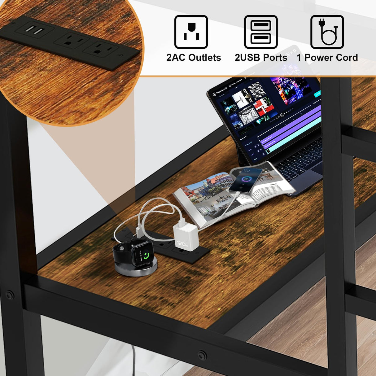 XUWANSHANG Loft Bed Full Size with Desk, Metal Heavy Duty Loft Bed with LED Lights, USB Port, Full Loft Bed Frames for Kids, Junior, Adults, Space Saving, Noise Free (Black, Full) XUWANSHANG