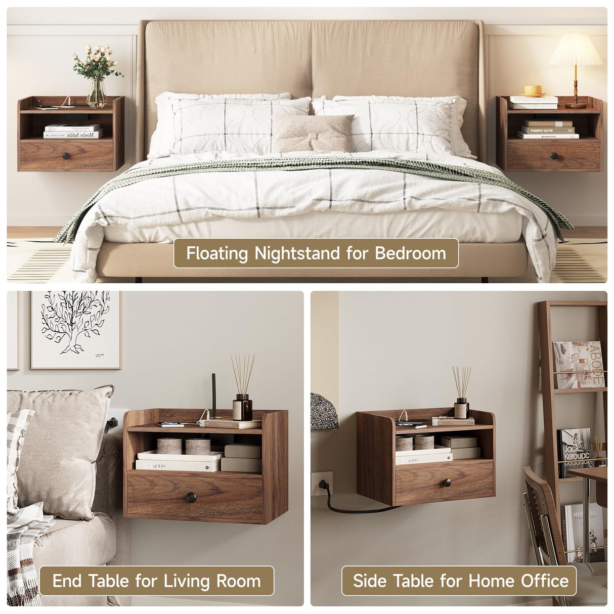 Brown Floating Nightstand Set of 2 with Charging Station and Drawer Small Bedside End Table with Outlet Modern Floating Night Stand for Bedroom Wood Wall Mounted Nightstands Set 2 Brown Walnut HOSEOKA