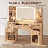 HAUOMS 51.2" Fluted Makeup Vanity Desk with Large 30.3" Mirror and Lights, 5 Drawer Vanity with Power Strip, 6 Open Shelves, 2 Cabinet，Modern Dressing Table with Solid Wood Legs for Bedroom, Oak HAUOMS