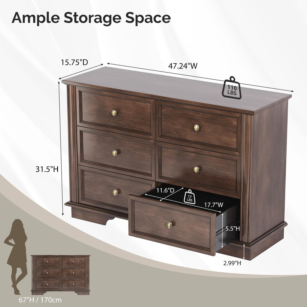 VINGLI 6 Drawer Dresser Wood, 47" Long Dresser for Bedroom, Chest of Drawers, French Vintage Brown Dressers for Living Room, Hallway, 47.24" W*15.75D*31.5" H VINGLI