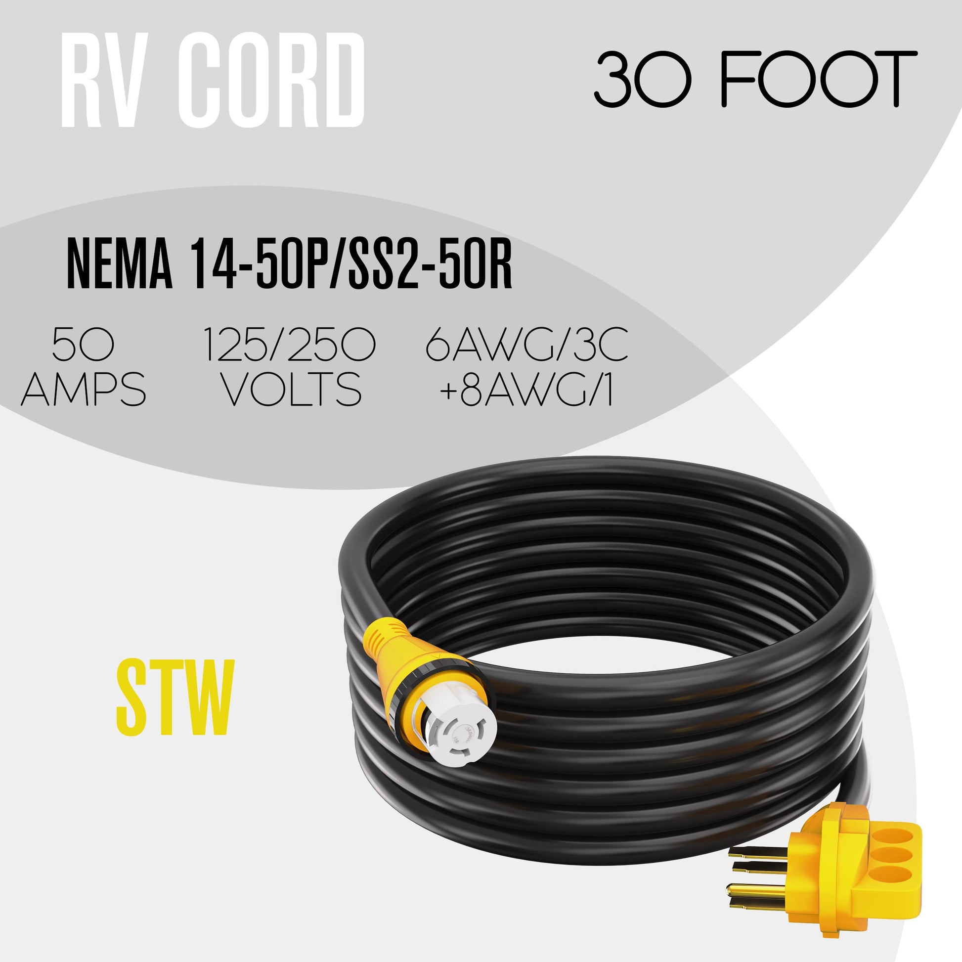 Houseables 50 Amp RV Extension Cord, Power Cords, 30 Ft Long, 1 Pack, Black, Yellow, SS2-50R Female Adaptor, 14-50P Male Plug, 50A Compatible, PVC, STW, w/Handle, for Camper, Motorhome, UL Ce - WoodArtSupply