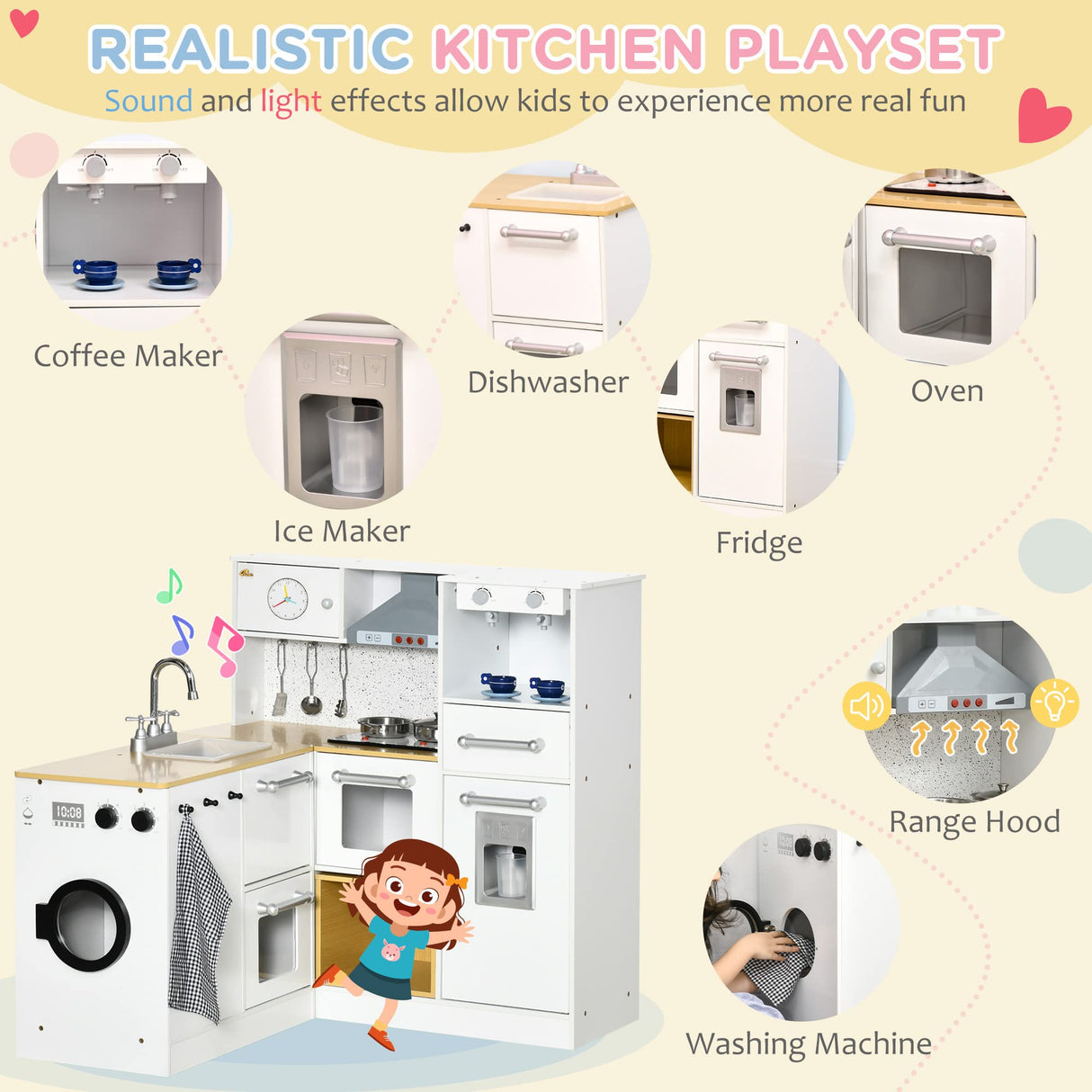 Qaba Kids Wooden Kitchen Playset with Sound Effects and Tons of Countertop Space, Wooden Corner Play Kitchen Set with Washing Machine, Imaginative Toy Pretend Restaurant, Ages 3-6, White Qaba