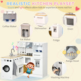 Qaba Kids Wooden Kitchen Playset with Sound Effects and Tons of Countertop Space, Wooden Corner Play Kitchen Set with Washing Machine, Imaginative Toy Pretend Restaurant, Ages 3-6, White Qaba