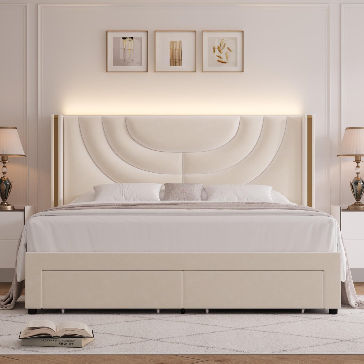 HITHOS Beige Upholstered LED Bed Frame with Wingback Headboard & 2 Storage Drawers - WoodArtSupply